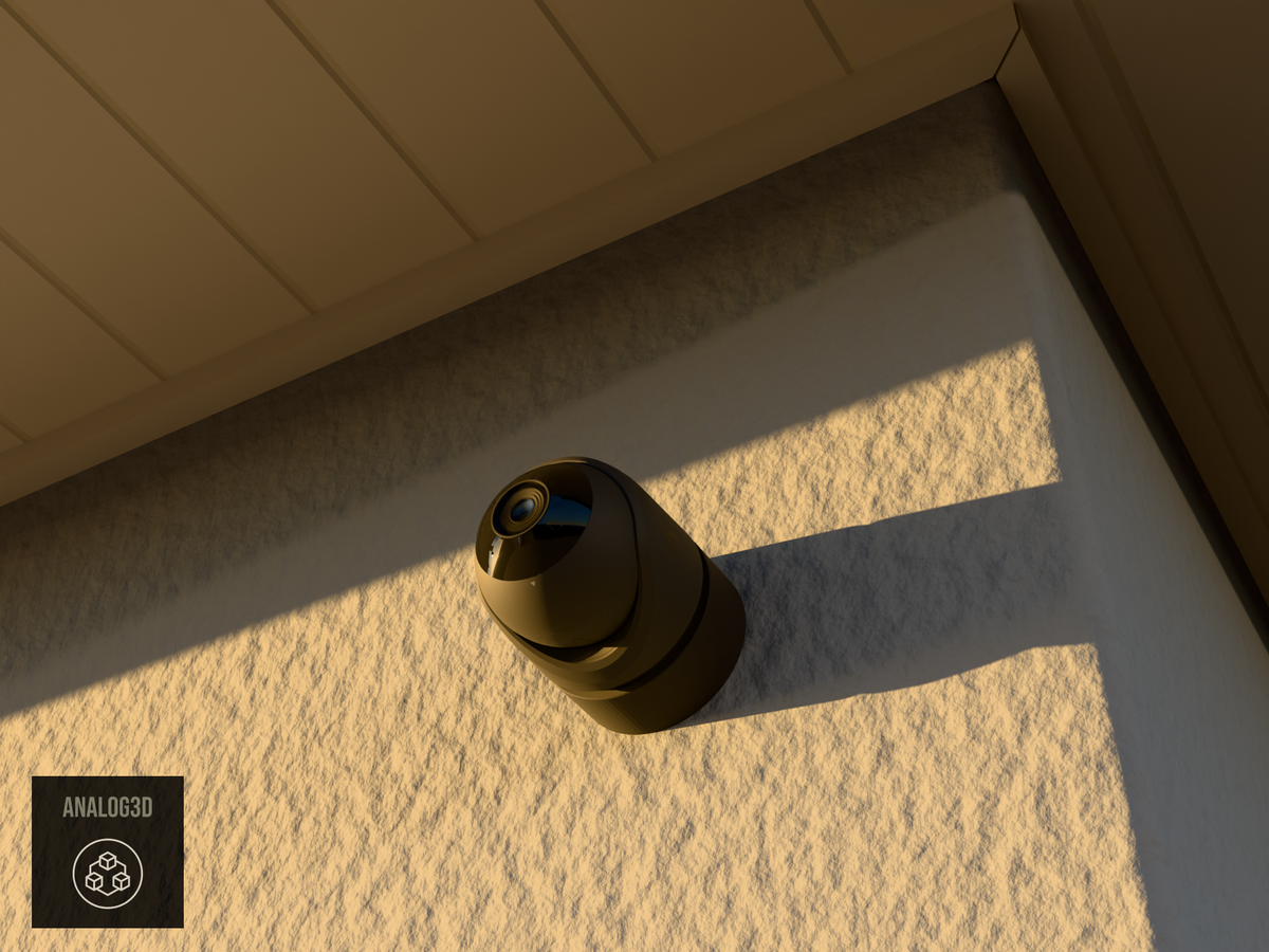 Ubiquiti UVC-G6-Turret on black PETG carbon fiber wall-ceiling mount on a stucco wall at golden hour