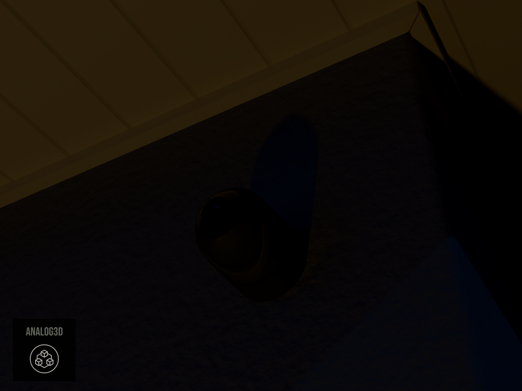 Ubiquiti UVC-G6-Turret on black PETG carbon fiber wall-ceiling mount on a stucco wall at night