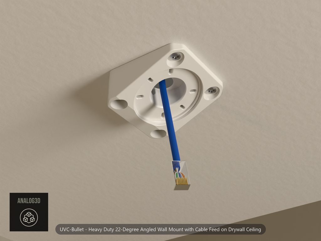 Heavy duty 22 degree angled bullet camera ceiling mount with a blue cat6 cable fed through a 20 mm drywall hole and out the angled boss to an RJ45