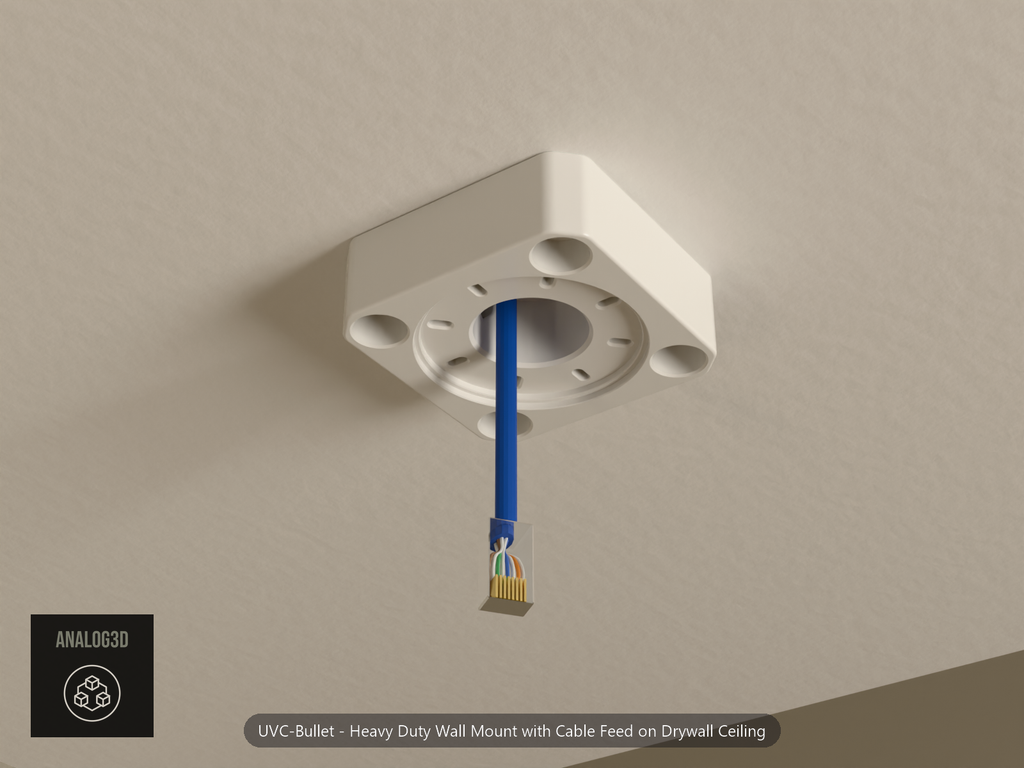 Heavy duty bullet camera ceiling mount with a blue cat6 cable fed through a 20 mm drywall hole and out the center to an RJ45