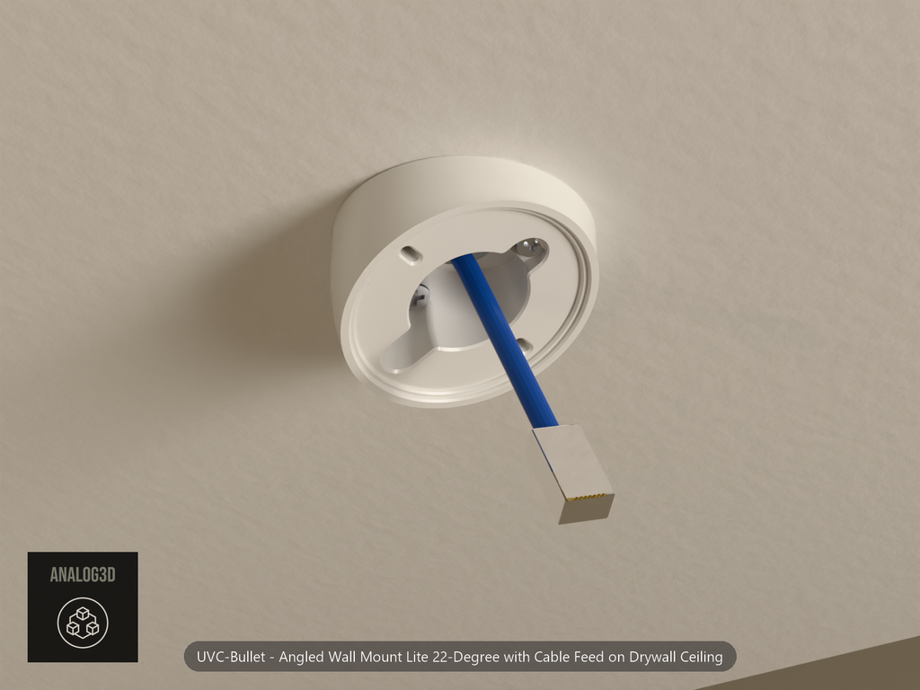 Angled wall mount lite on a drywall ceiling with a blue cat6 cable fed through a 20 mm hole and out the centre to an RJ45
