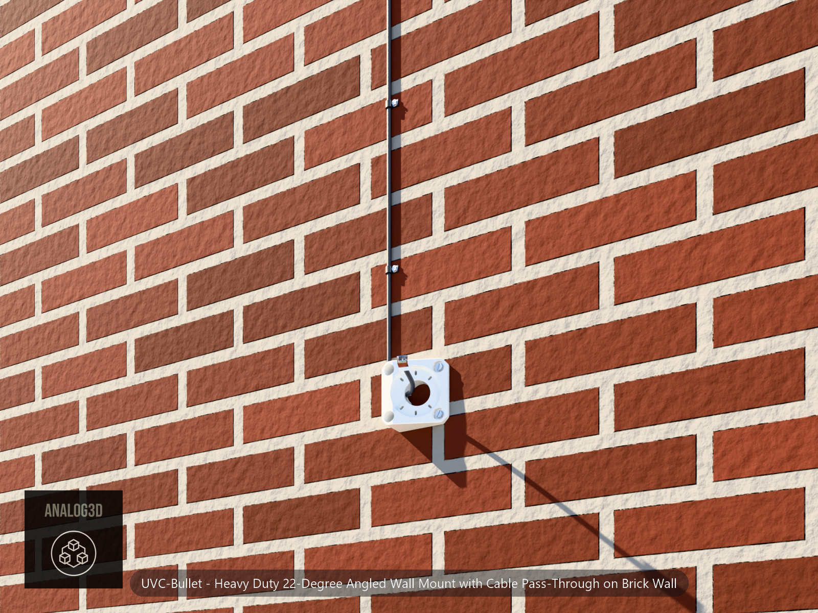 Heavy duty 22 degree angled bullet camera wall mount on brick with a cat6 cable routed through the side cable passage and out the angled boss to an RJ45