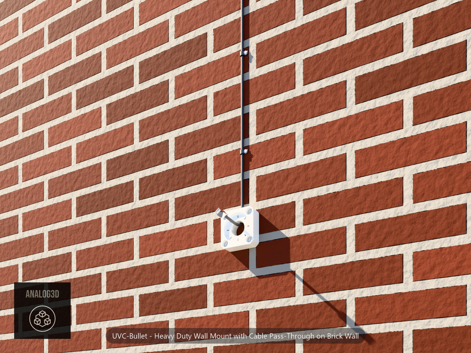 Heavy duty bullet camera wall mount on brick with a cat6 cable routed through the break-away cable passage to an RJ45