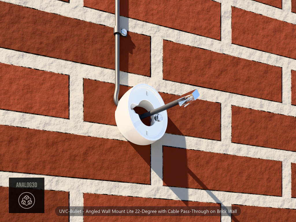 Angled wall mount lite on brick with a cat6 cable entering the knockout and running the underside channel out to an RJ45