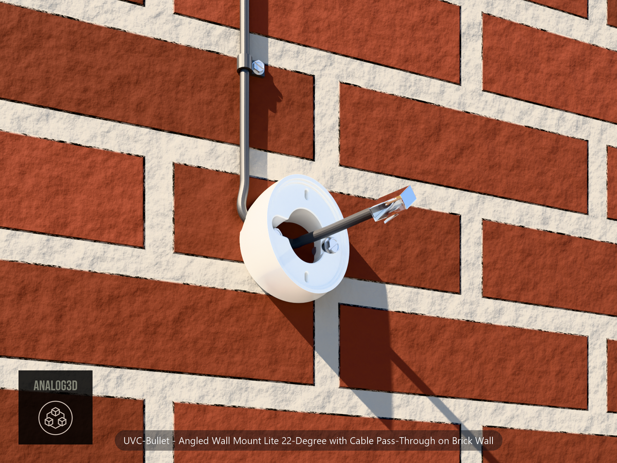 Angled wall mount lite on brick with a cat6 cable entering the knockout and running the underside channel out to an RJ45