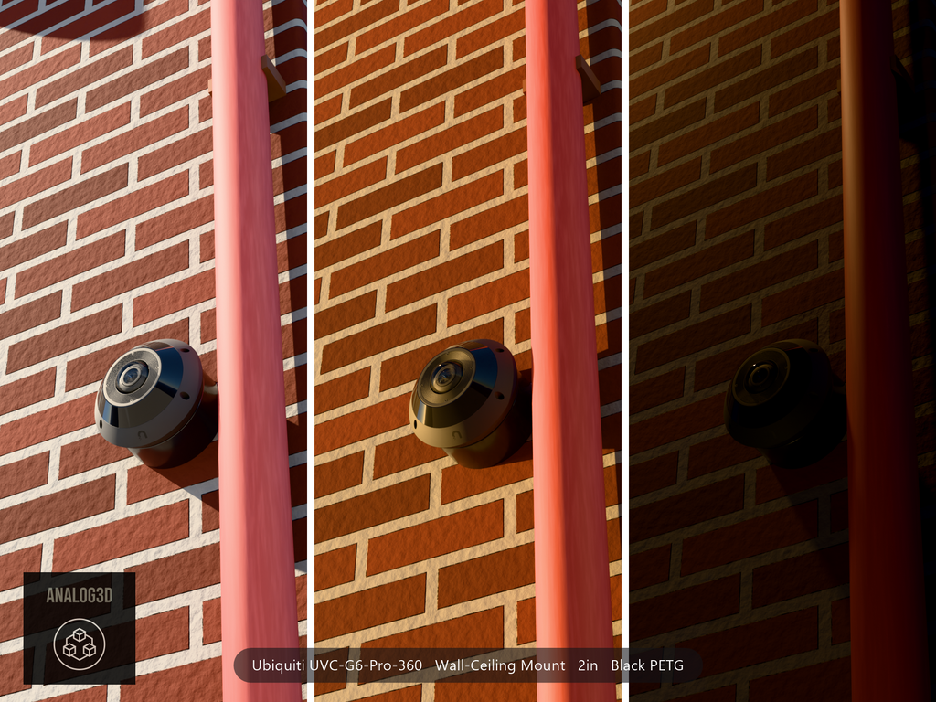 Ubiquiti UniFi G6 Pro 360 on a wall-ceiling mount, 2 inch extension, Black PETG, installed on a brick wall beside a drain pipe - daylight, golden hour, and night