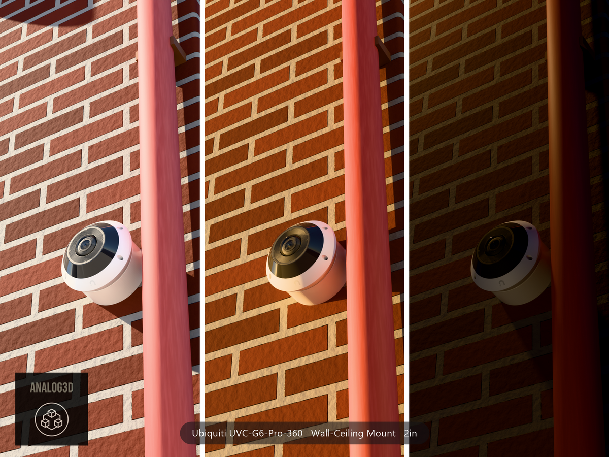 Ubiquiti UniFi G6 Pro 360 on a wall-ceiling mount, 2 inch extension, White PETG, installed on a brick wall beside a drain pipe - daylight, golden hour, and night