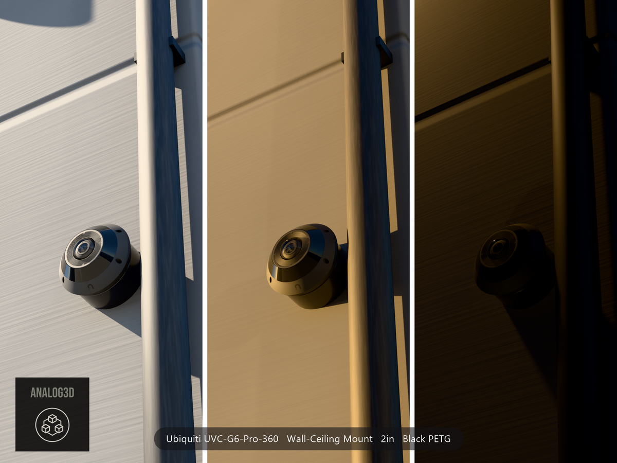 Ubiquiti UniFi G6 Pro 360 on a wall-ceiling mount, 2 inch extension, Black PETG, installed on a concrete panel wall beside a drain pipe - daylight, golden hour, and night