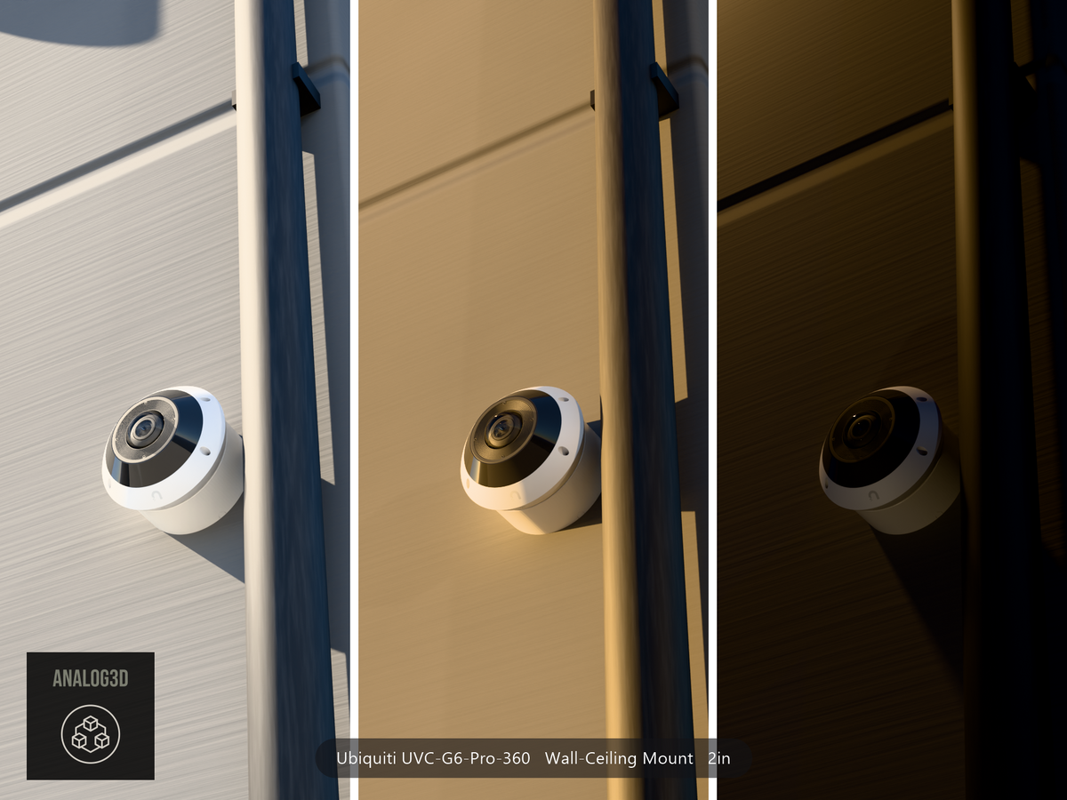 Ubiquiti UniFi G6 Pro 360 on a wall-ceiling mount, 2 inch extension, White PETG, installed on a concrete panel wall beside a drain pipe - daylight, golden hour, and night