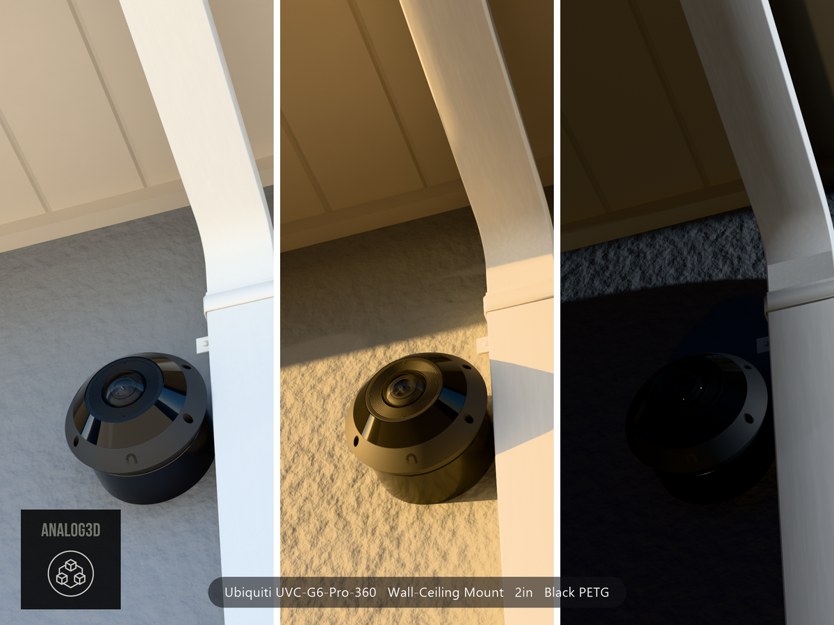 Ubiquiti UniFi G6 Pro 360 on a wall-ceiling mount, 2 inch extension, Black PETG, installed on a stucco wall beside a downspout - daylight, golden hour, and night