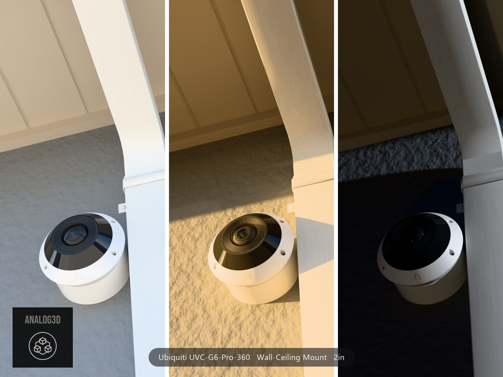 Ubiquiti UniFi G6 Pro 360 on a wall-ceiling mount, 2 inch extension, White PETG, installed on a stucco wall beside a downspout - daylight, golden hour, and night