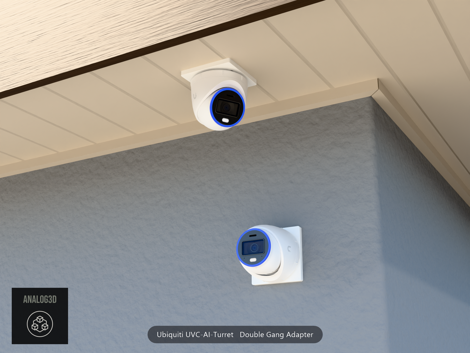 UVC-AI-Turret double-gang adapter plate installed on a stucco wall and soffit