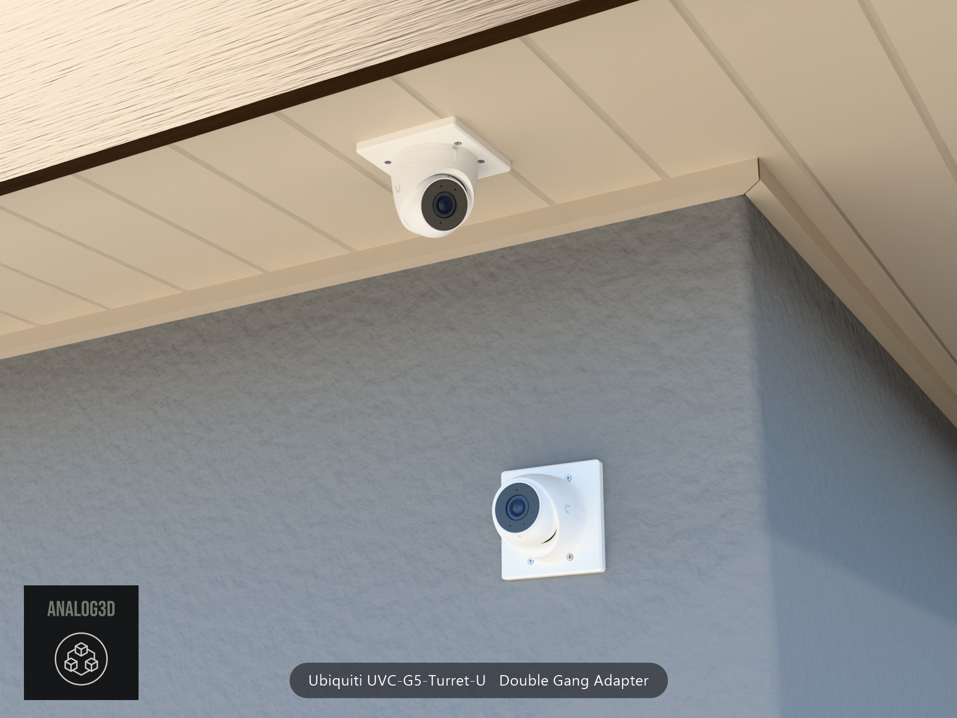 UVC-G5-Turret-U double-gang adapter plate installed on a stucco wall and soffit