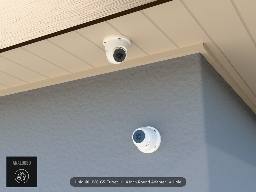 UVC-G5-Turret-U 4 inch round adapter plate (4 hole) installed on a stucco wall and soffit