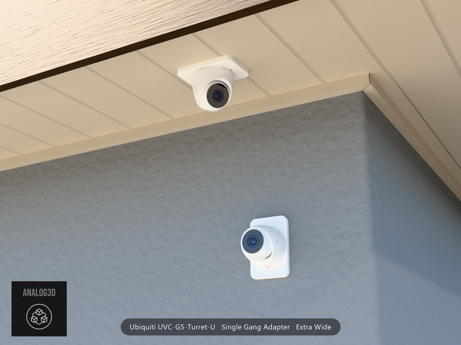 UVC-G5-Turret-U single-gang extra-wide adapter plate installed on a stucco wall and soffit