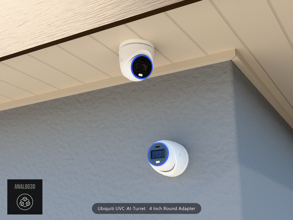 UVC-AI-Turret 4 inch round adapter plate installed on a stucco wall and soffit