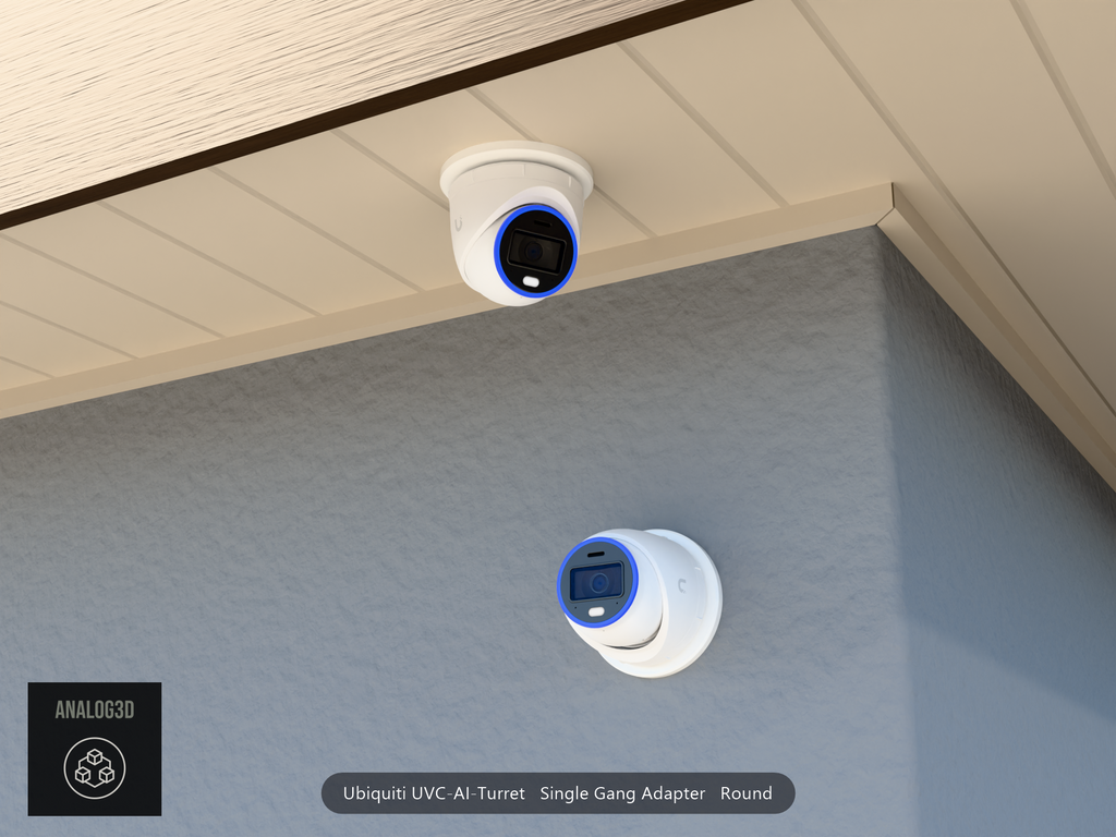 UVC-AI-Turret single-gang Round adapter plate installed on a stucco wall and soffit