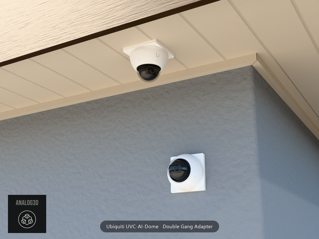UVC-AI-Dome double-gang adapter plate installed on a stucco wall and soffit