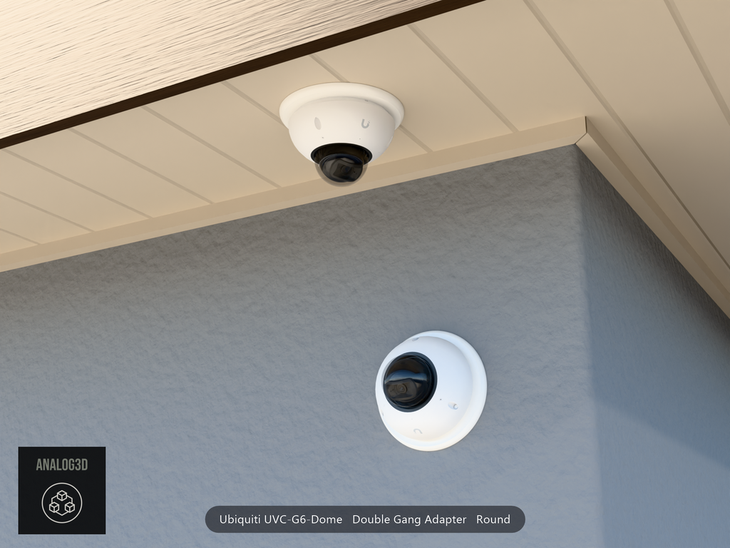 UVC-G6-Dome double-gang round adapter plate installed on a stucco wall and soffit