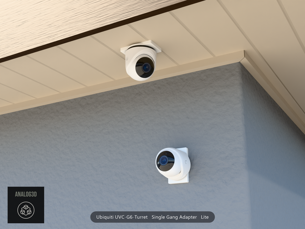 UVC-G6-Turret single-gang Lite adapter plate installed on a stucco wall and soffit