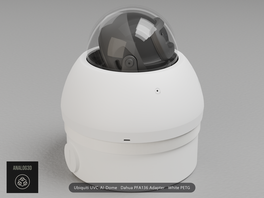 Ubiquiti UVC-AI-Dome on a white PETG Dahua PFA136 adapter plate mounted on a Dahua PFA136 junction box