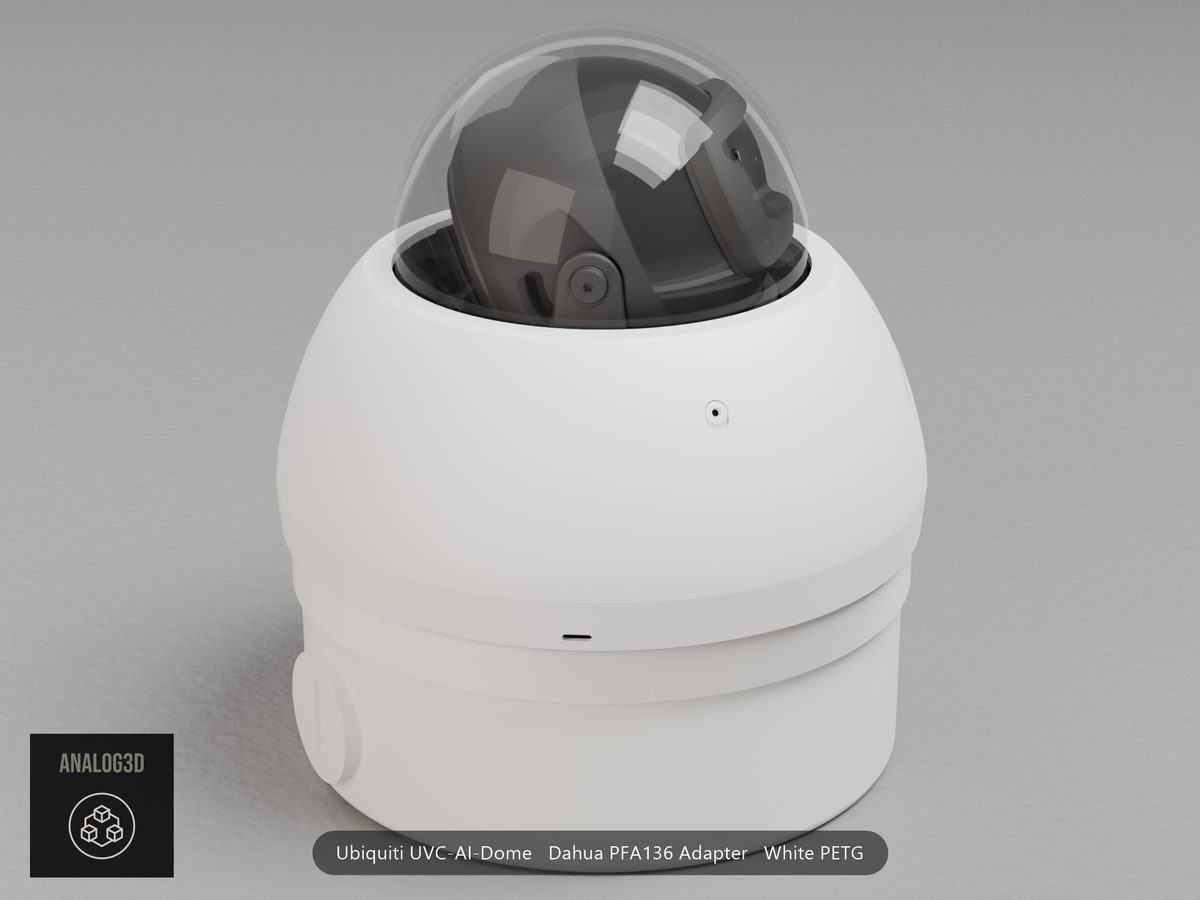 Ubiquiti UVC-AI-Dome on a white PETG Dahua PFA136 adapter plate mounted on a Dahua PFA136 junction box