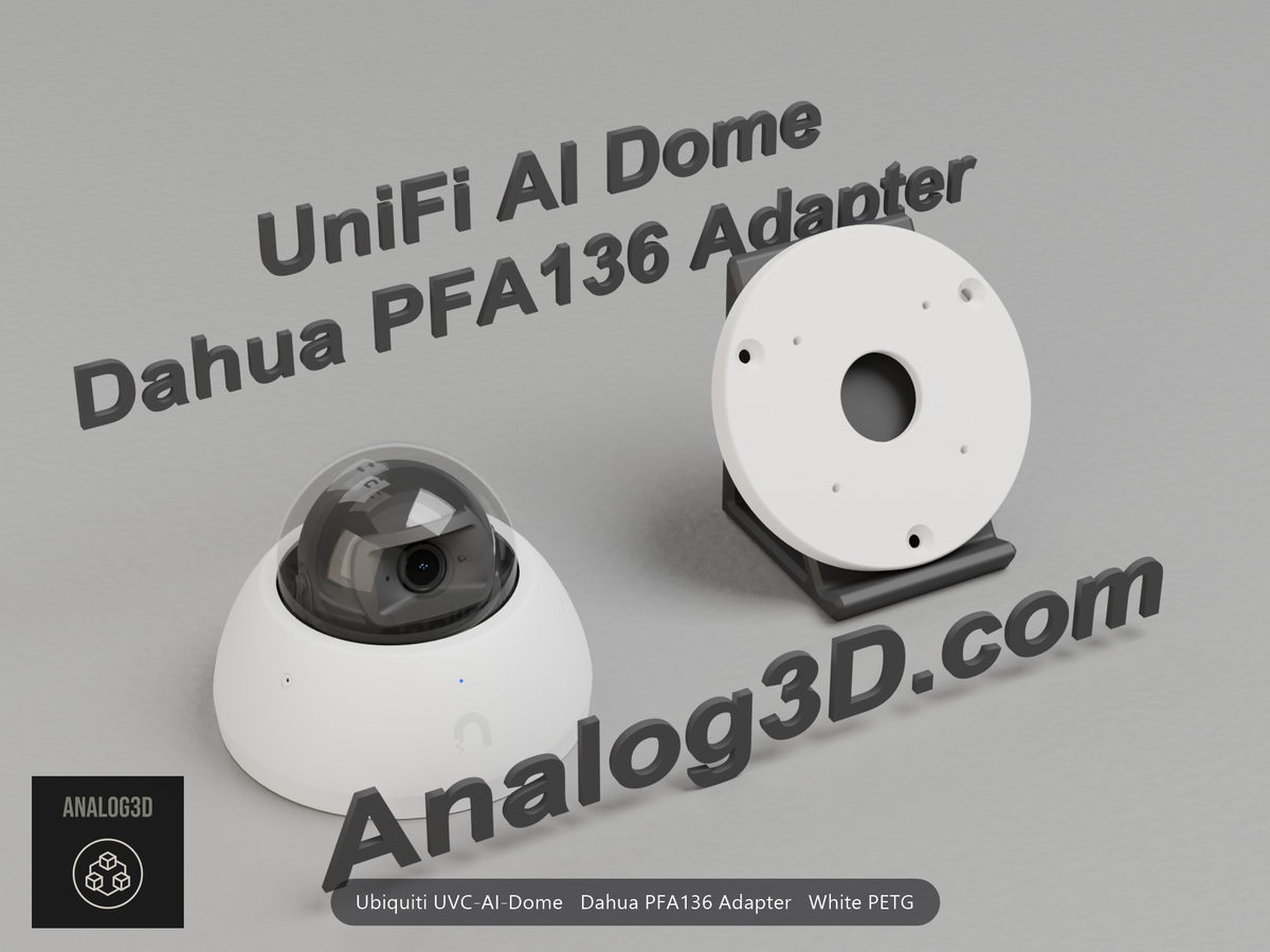 White PETG Dahua PFA136 adapter plate for the Ubiquiti UVC-AI-Dome on a display stand with the camera