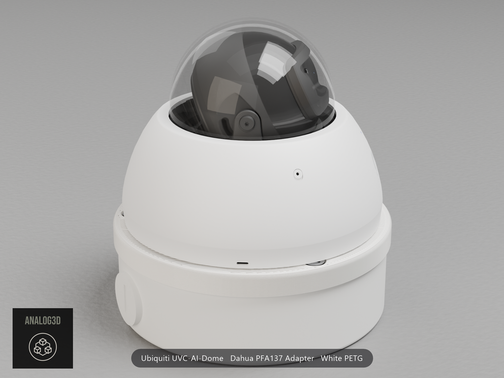 Ubiquiti UVC-AI-Dome on a white PETG Dahua PFA137 adapter plate mounted on a Dahua PFA137 junction box