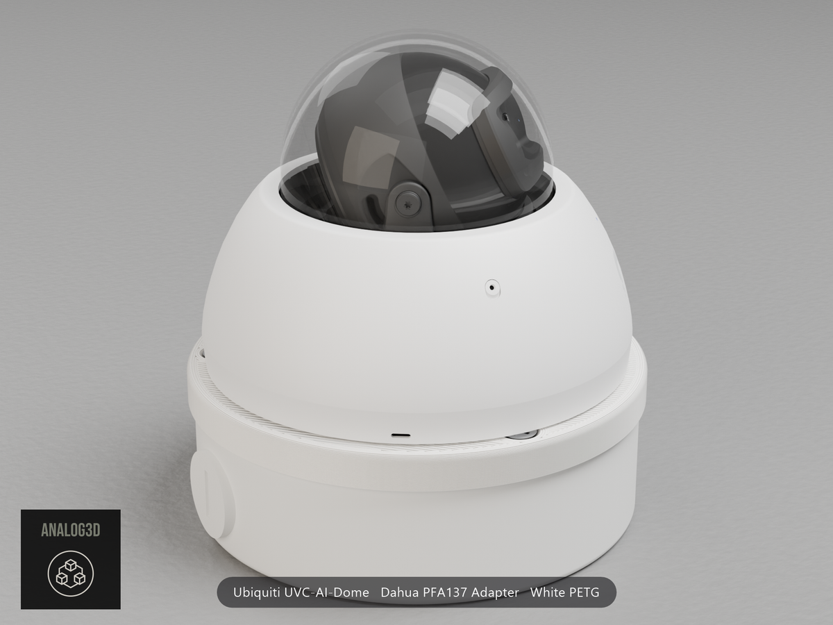 Ubiquiti UVC-AI-Dome on a white PETG Dahua PFA137 adapter plate mounted on a Dahua PFA137 junction box