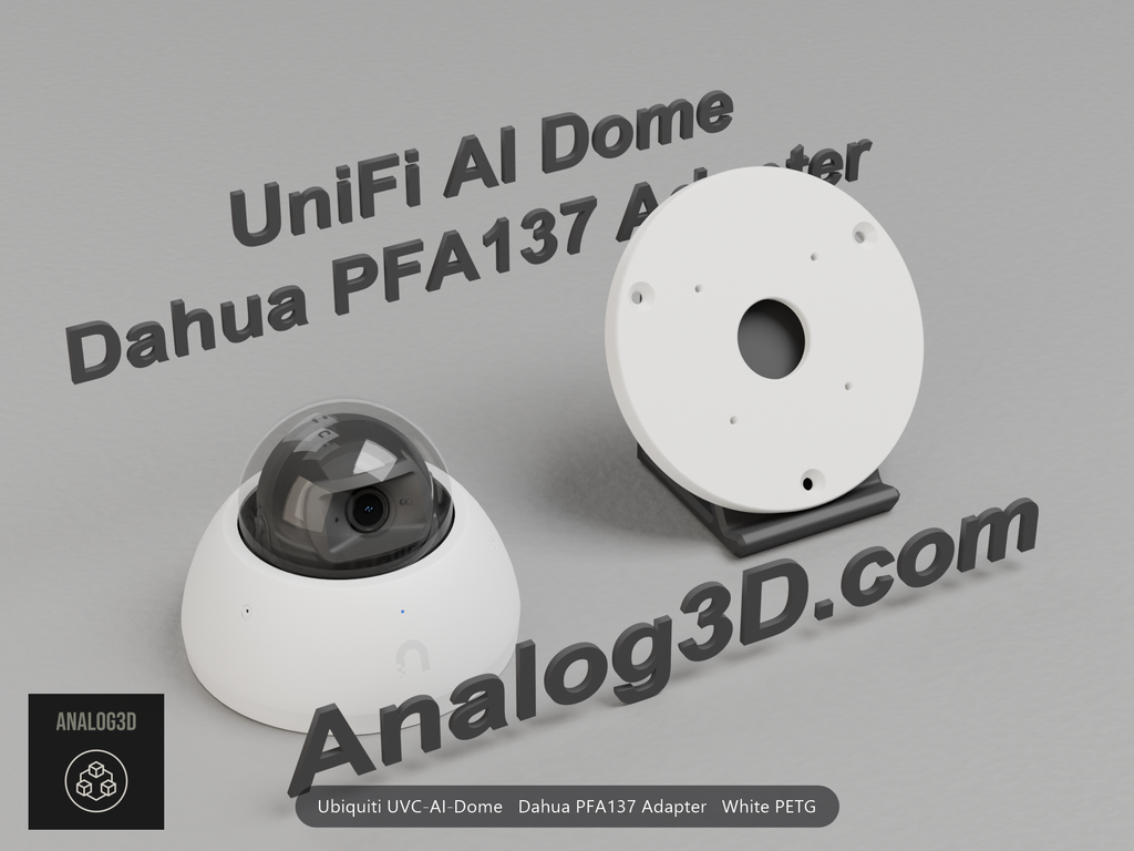 White PETG Dahua PFA137 adapter plate for the Ubiquiti UVC-AI-Dome on a display stand with the camera