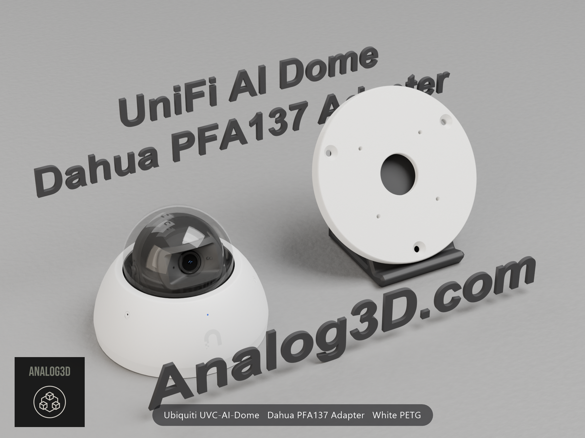 White PETG Dahua PFA137 adapter plate for the Ubiquiti UVC-AI-Dome on a display stand with the camera