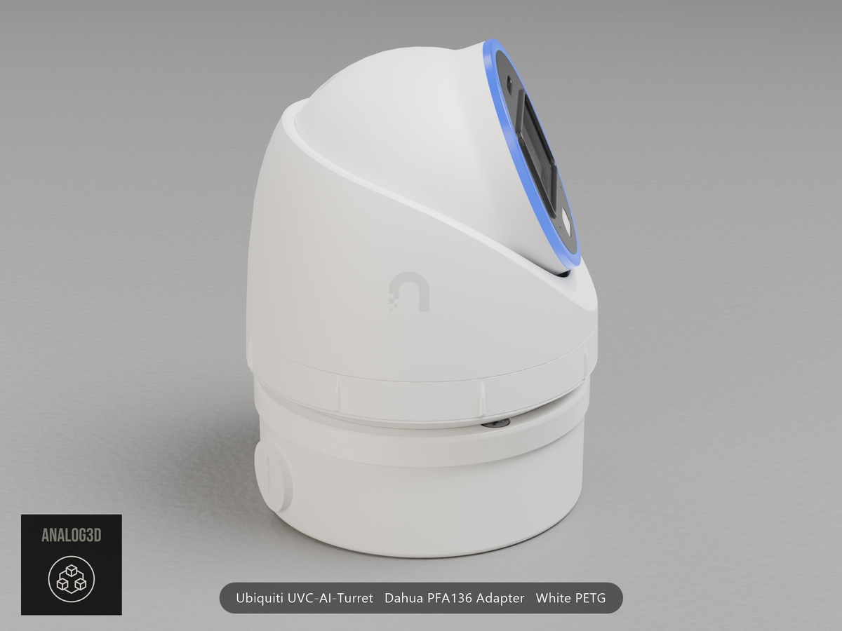 Ubiquiti UVC-AI-Turret on a white PETG Dahua PFA136 adapter plate mounted on a Dahua PFA136 junction box
