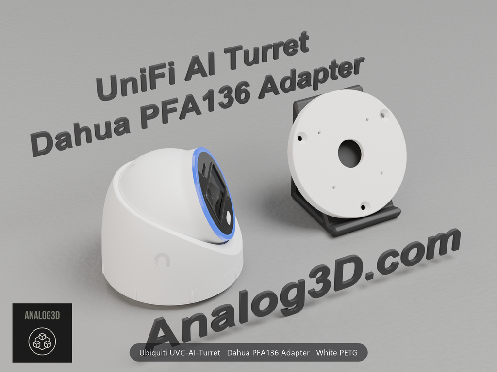 White PETG Dahua PFA136 adapter plate for the Ubiquiti UVC-AI-Turret on a display stand with the camera