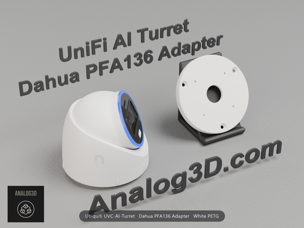 White PETG Dahua PFA136 adapter plate for the Ubiquiti UVC-AI-Turret on a display stand with the camera