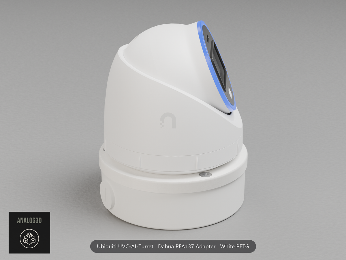 Ubiquiti UVC-AI-Turret on a white PETG Dahua PFA137 adapter plate mounted on a Dahua PFA137 junction box