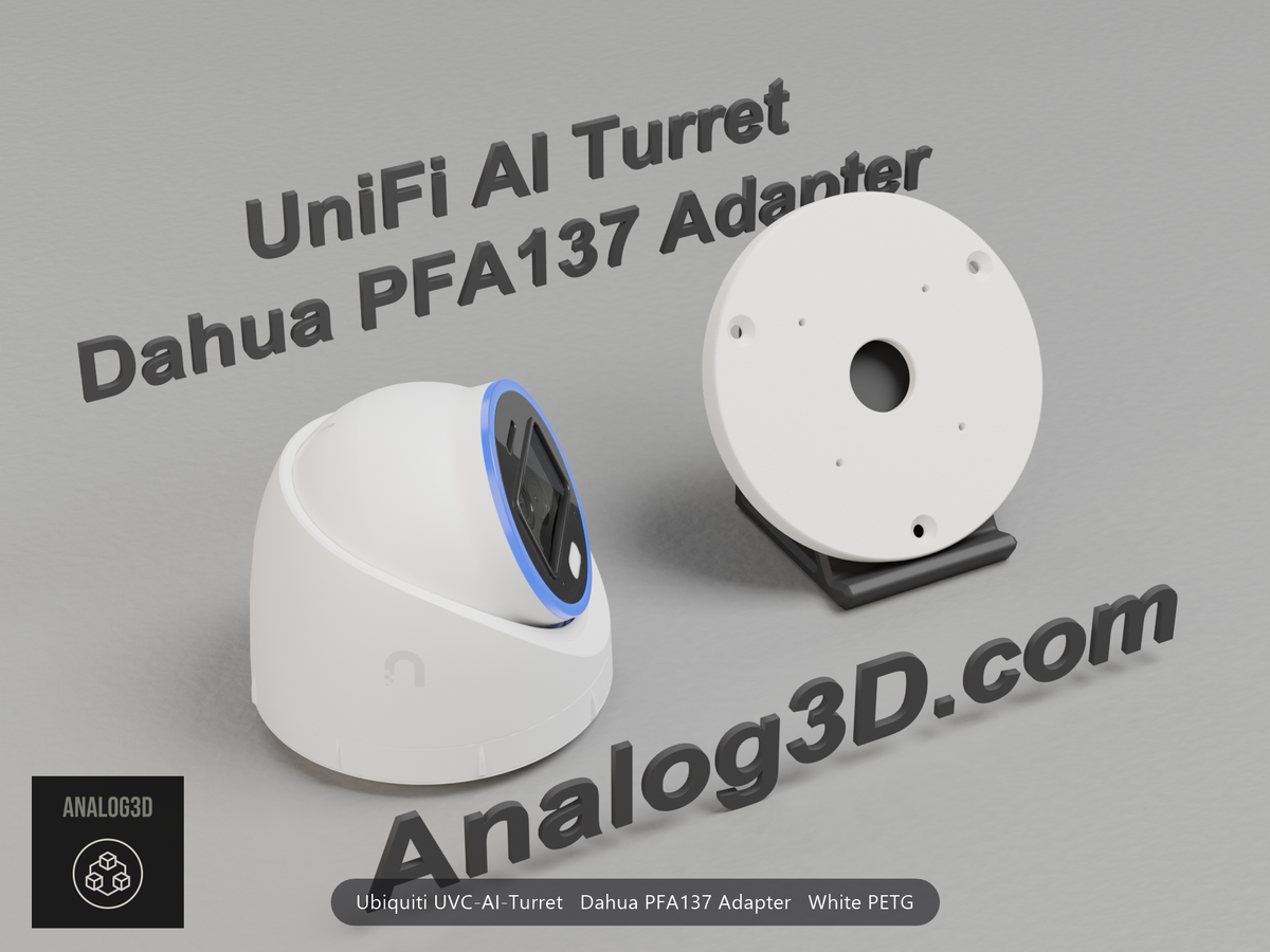 White PETG Dahua PFA137 adapter plate for the Ubiquiti UVC-AI-Turret on a display stand with the camera