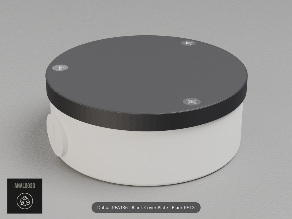 Black PETG blank cover plate on a Dahua PFA136 junction box