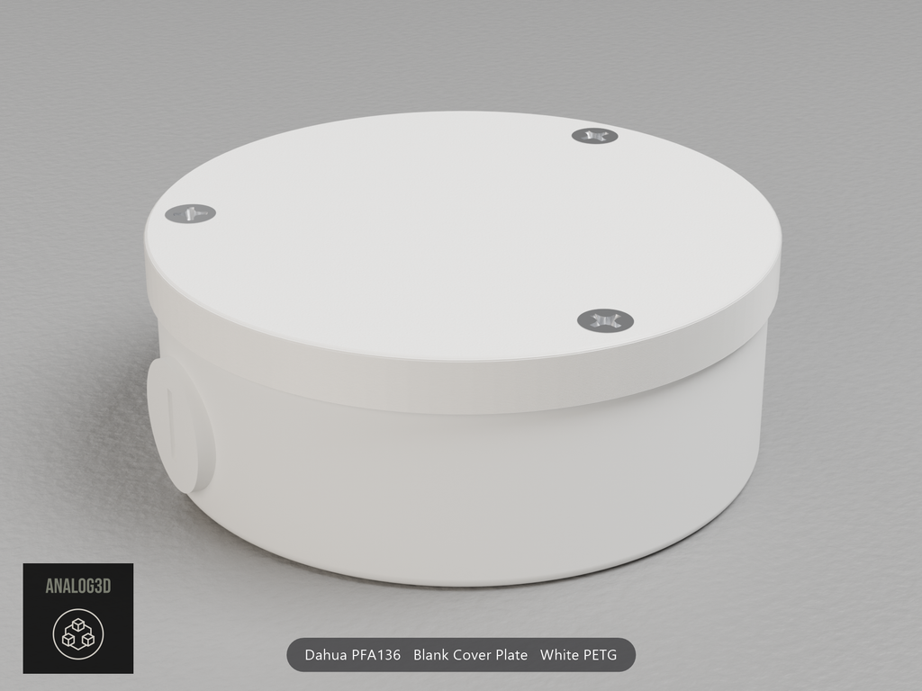 White PETG blank cover plate on a Dahua PFA136 junction box
