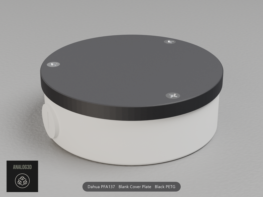 Black PETG blank cover plate on a Dahua PFA137 junction box