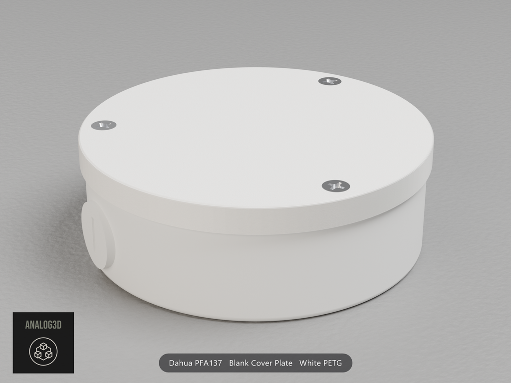White PETG blank cover plate on a Dahua PFA137 junction box