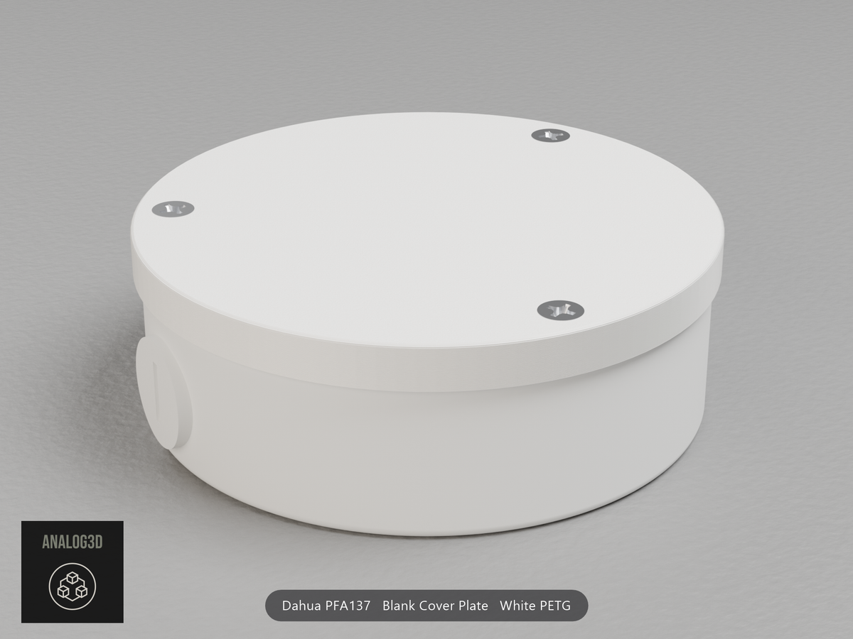White PETG blank cover plate on a Dahua PFA137 junction box