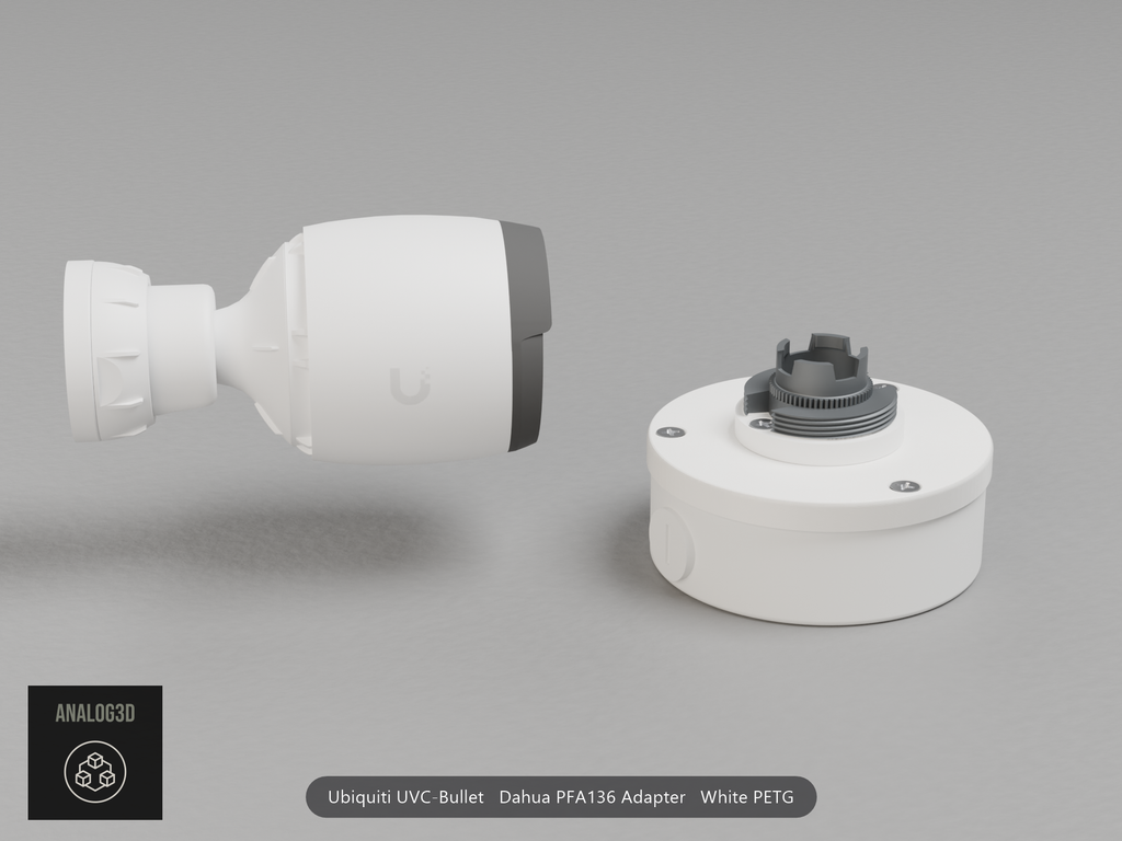 Ubiquiti UVC-Bullet on a white PETG Dahua PFA136 adapter plate mounted on a Dahua PFA136 junction box
