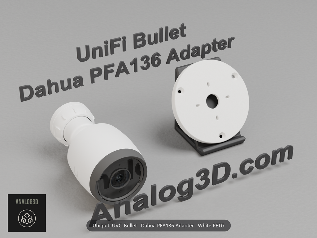 White PETG Dahua PFA136 adapter plate for the Ubiquiti UVC-Bullet on a display stand with the camera