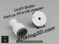 White PETG Dahua PFA136 adapter plate for the Ubiquiti UVC-Bullet on a display stand with the camera