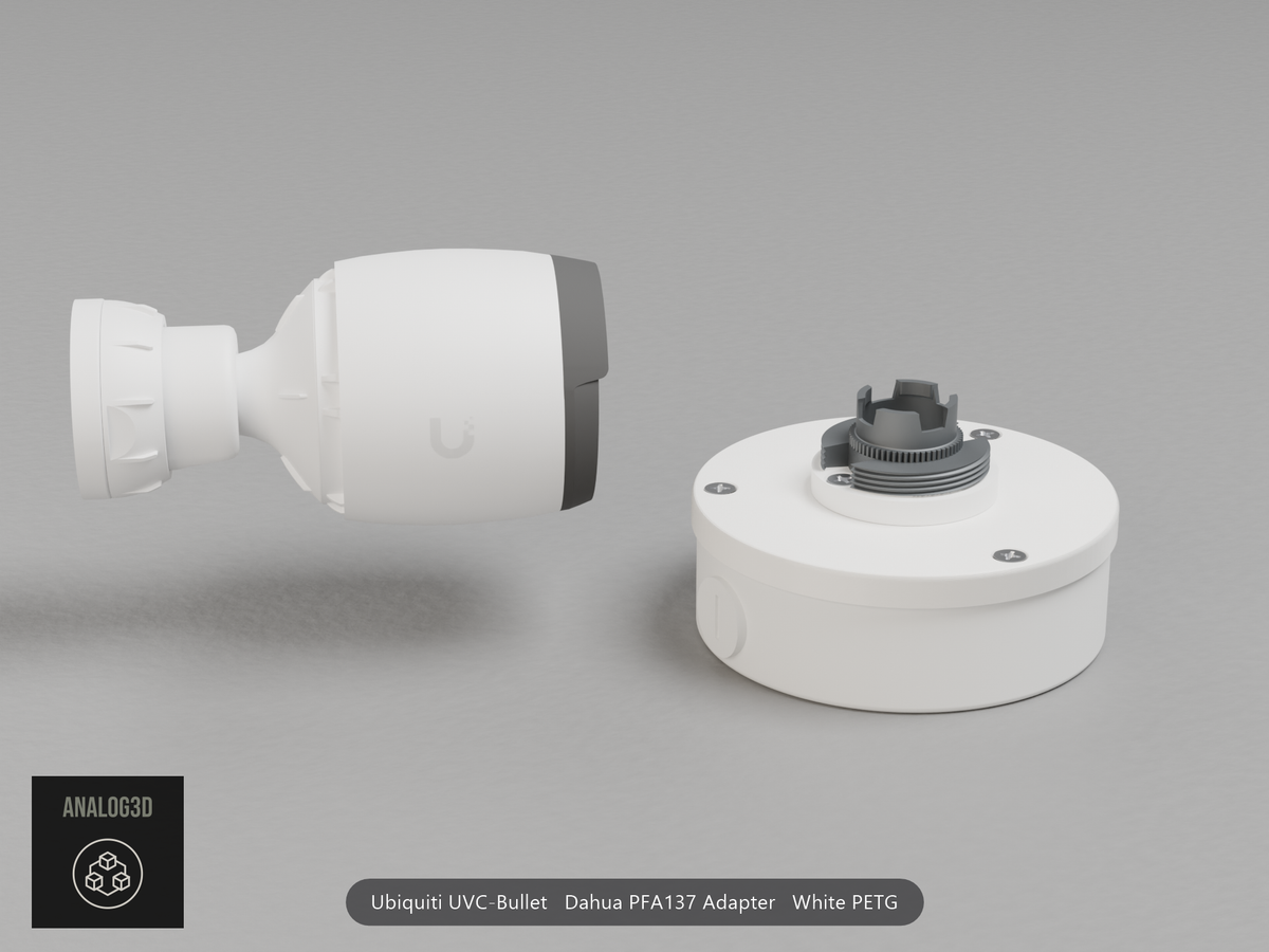 Ubiquiti UVC-Bullet on a white PETG Dahua PFA137 adapter plate mounted on a Dahua PFA137 junction box
