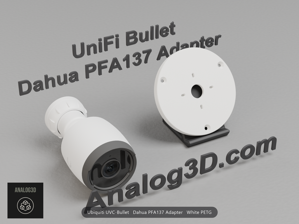 White PETG Dahua PFA137 adapter plate for the Ubiquiti UVC-Bullet on a display stand with the camera