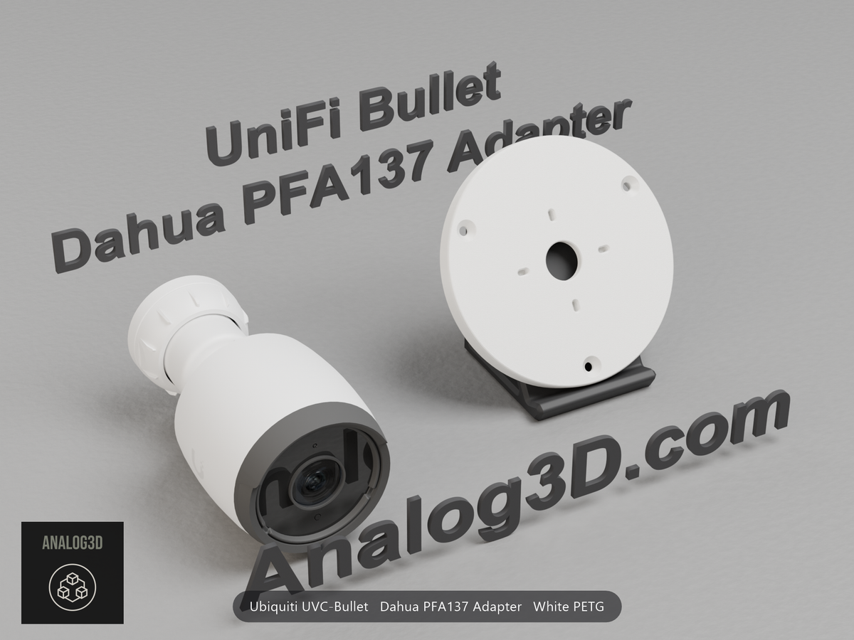 White PETG Dahua PFA137 adapter plate for the Ubiquiti UVC-Bullet on a display stand with the camera