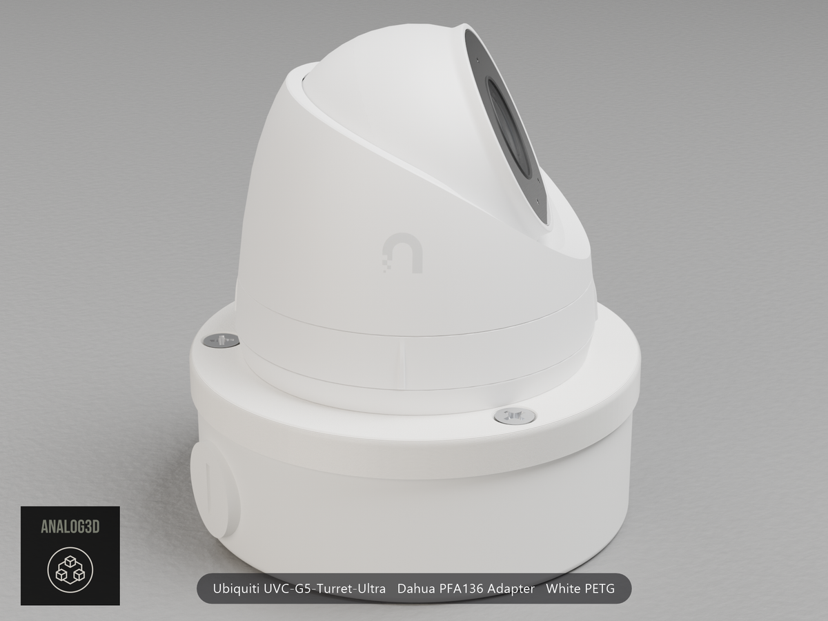 Ubiquiti UVC-G5-Turret-Ultra on a white PETG Dahua PFA136 adapter plate mounted on a Dahua PFA136 junction box
