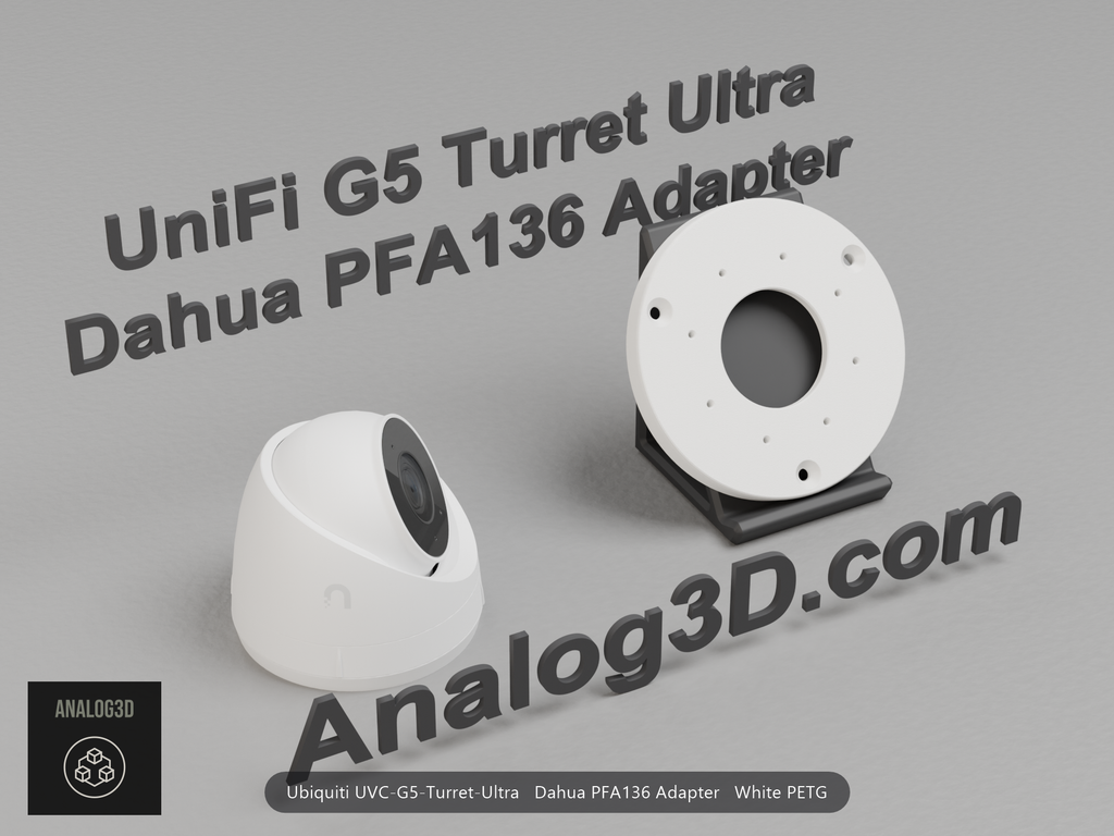 White PETG Dahua PFA136 adapter plate for the Ubiquiti UVC-G5-Turret-Ultra on a display stand with the camera