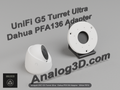 White PETG Dahua PFA136 adapter plate for the Ubiquiti UVC-G5-Turret-Ultra on a display stand with the camera